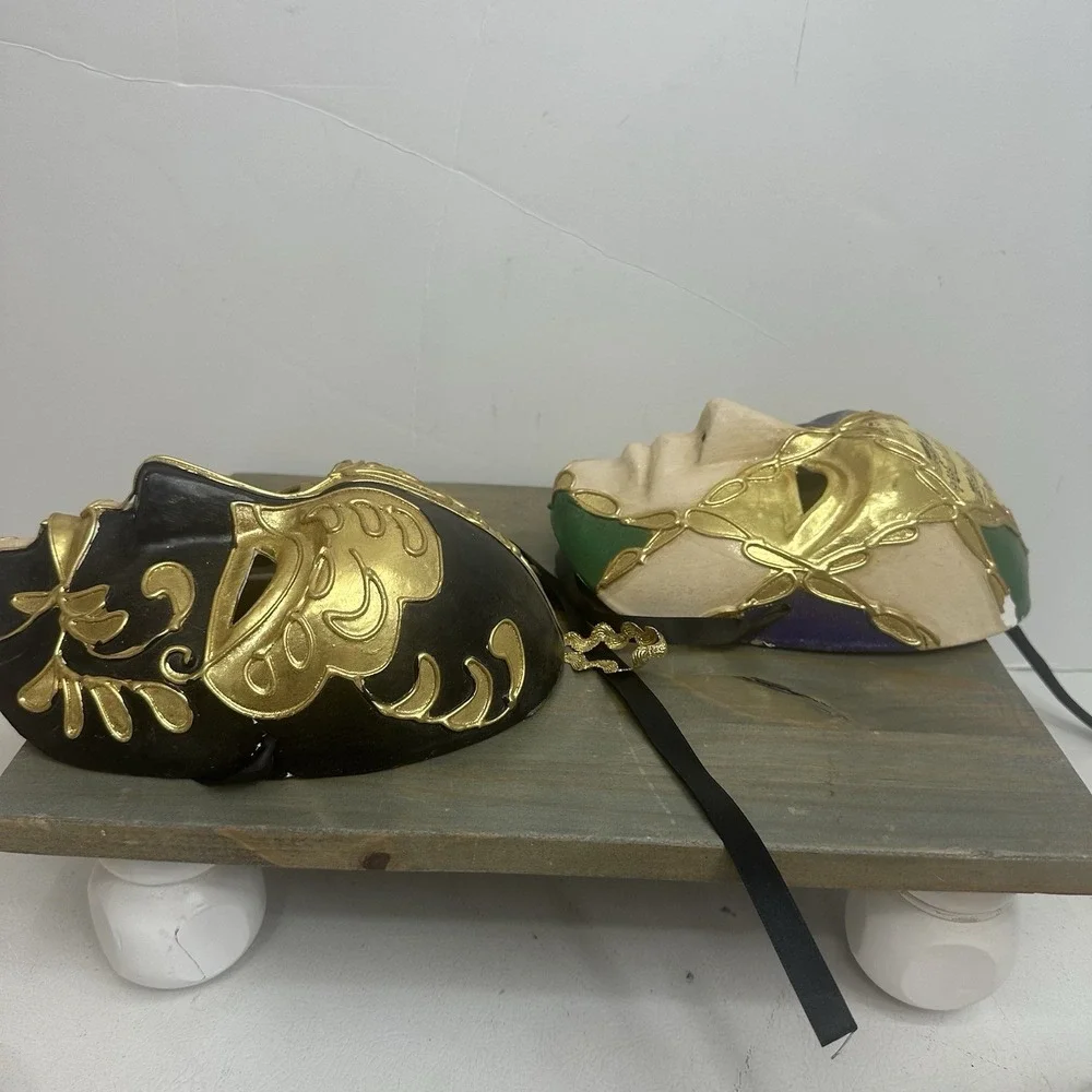 Lot Of 2 Venetian Mardi Gras Mask MASQUERADE CARNIVAL PARTY Gold Hand Painted
